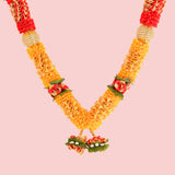 Vibrant yellow red varmala garland with gold rose accents, pack of 2 wedding jaimala