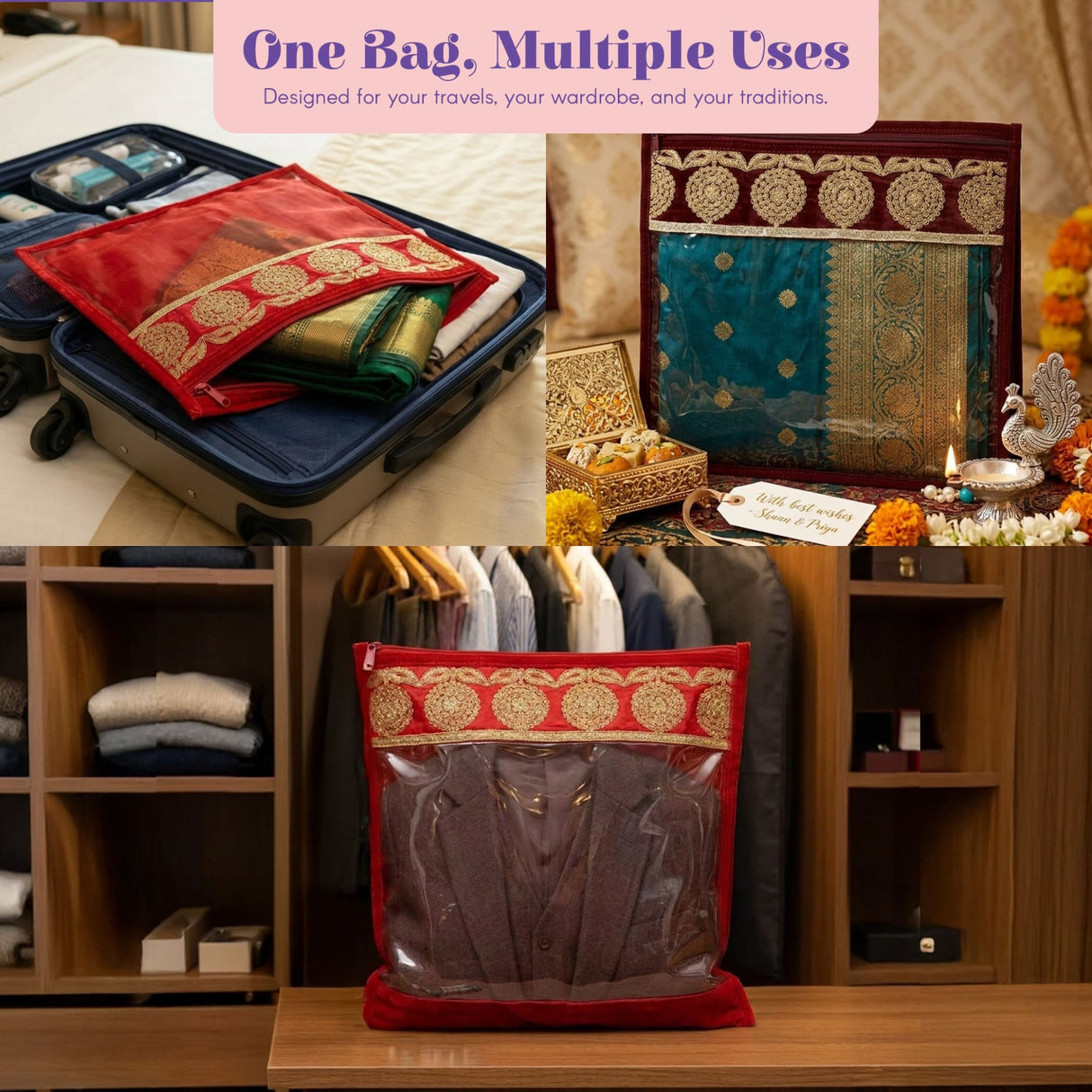Red embroidered garment bag with gold detailing and clear plastic front for sari storage and wardrobe organization