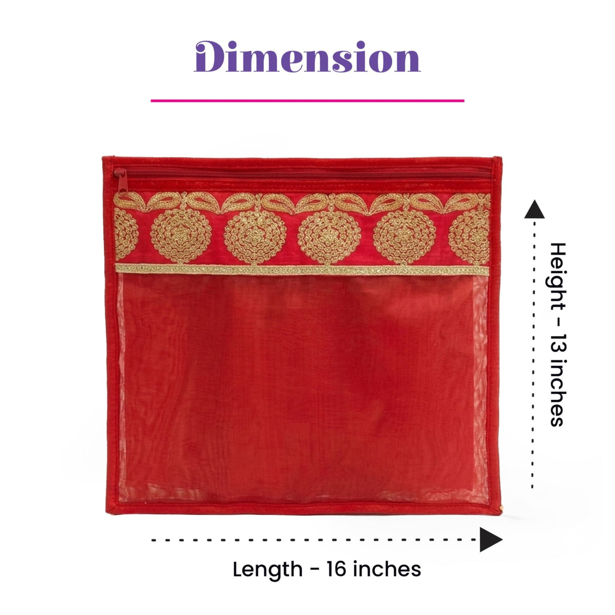 Red rectangular sari bag with gold embroidered border and clear plastic front panel for saree storage and organization