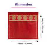 Red rectangular sari bag with gold embroidered border and clear plastic front panel for saree storage and organization