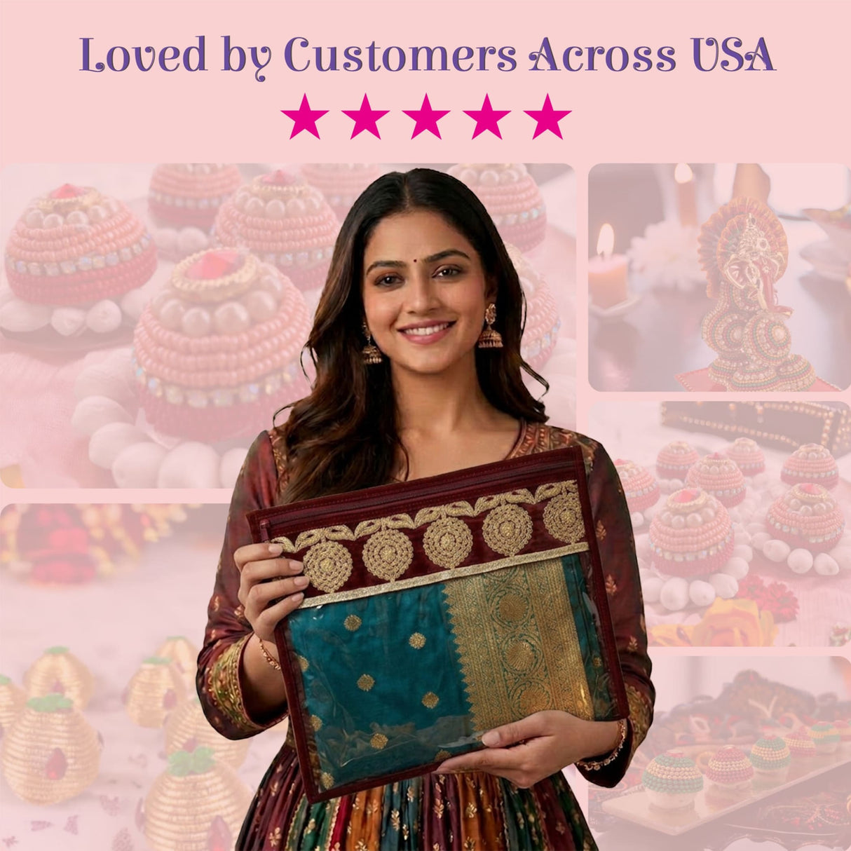 A maroon and teal embroidered clutch with gold detailing included in a pack of 4 assorted sari bags with zipper closure