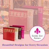 Pack of 4 assorted vibrant translucent sari bags with gold zari embroidery zipper closure for saree storage and gift packing