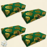 Pack of 4 green and gold brocade jewelry organizer boxes with ornate metal clasps for traditional wedding favors