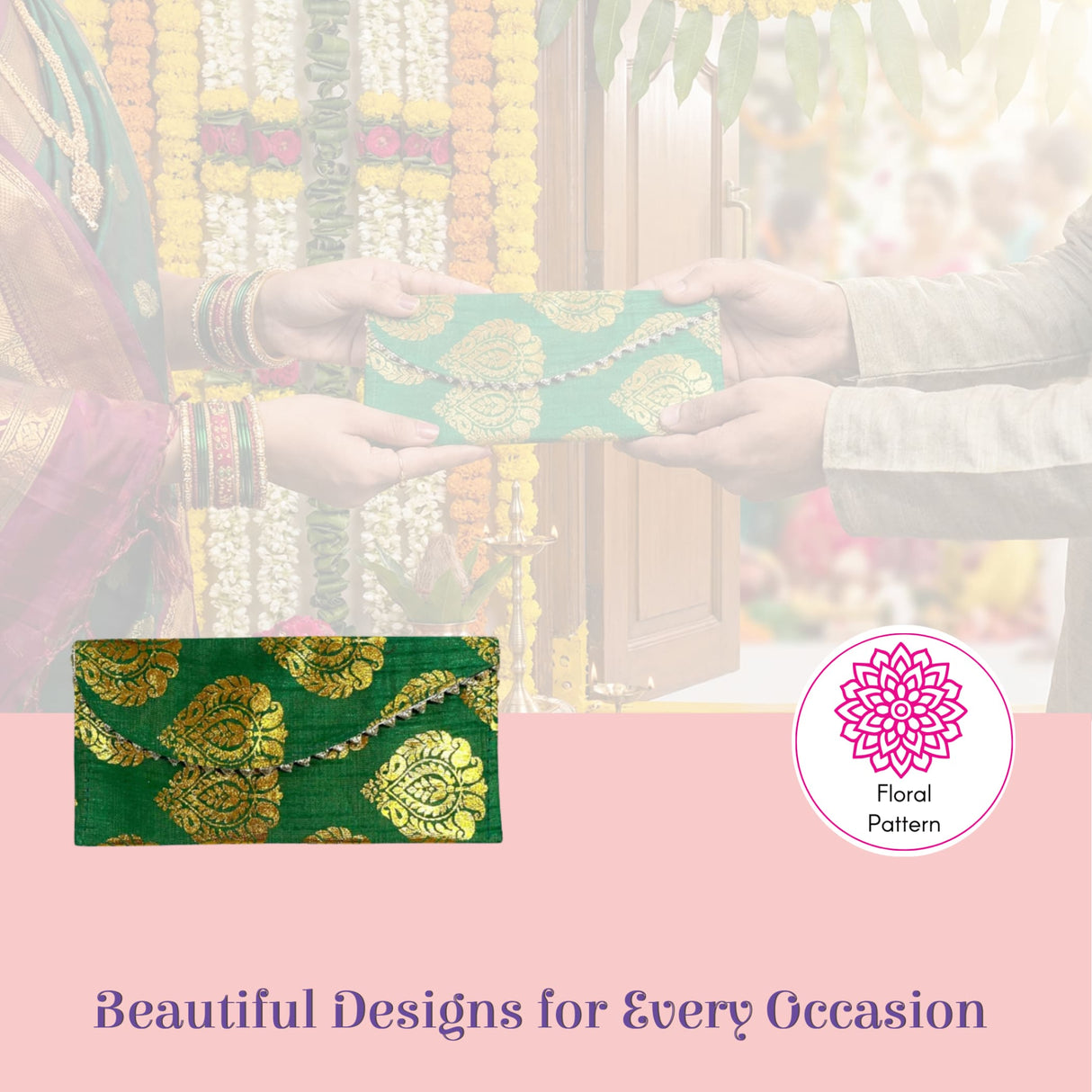 Emerald green brocade money envelope with gold floral embroidery