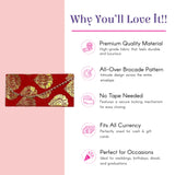 Red brocade money envelope with gold floral pattern and chain closure