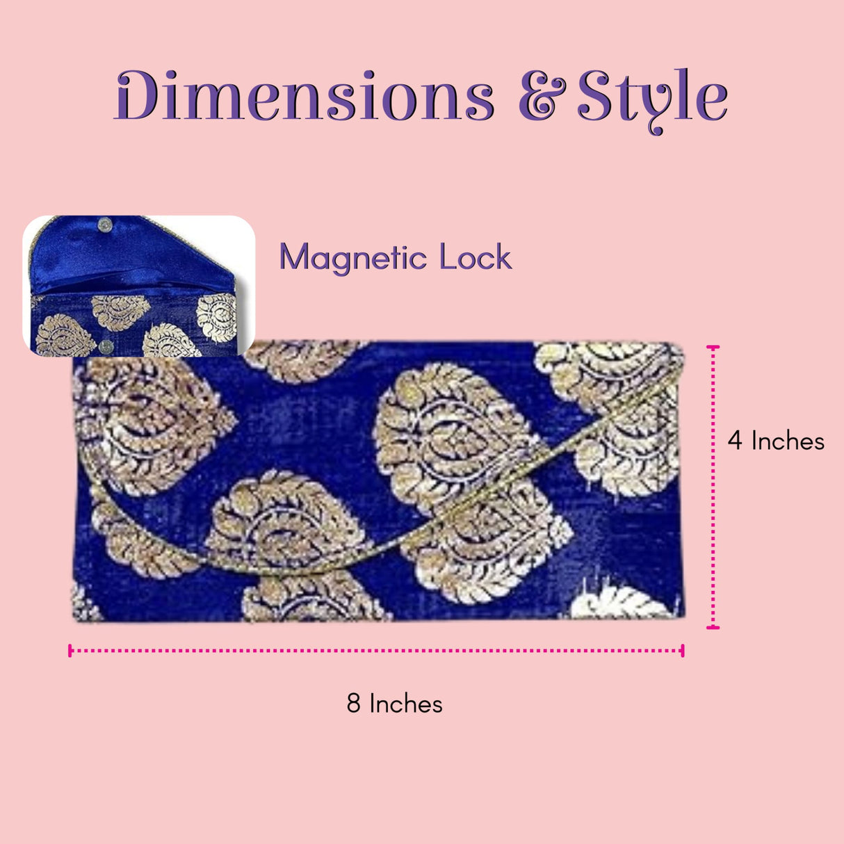 Royal blue brocade clutch purse with gold floral embroidery, magnetic closure