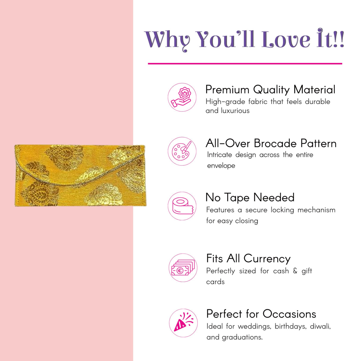 Golden-yellow brocade money envelope with intricate pattern and magnetic lock