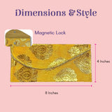 Vibrant yellow brocade money envelope with gold paisley embroidery, magnetic closure