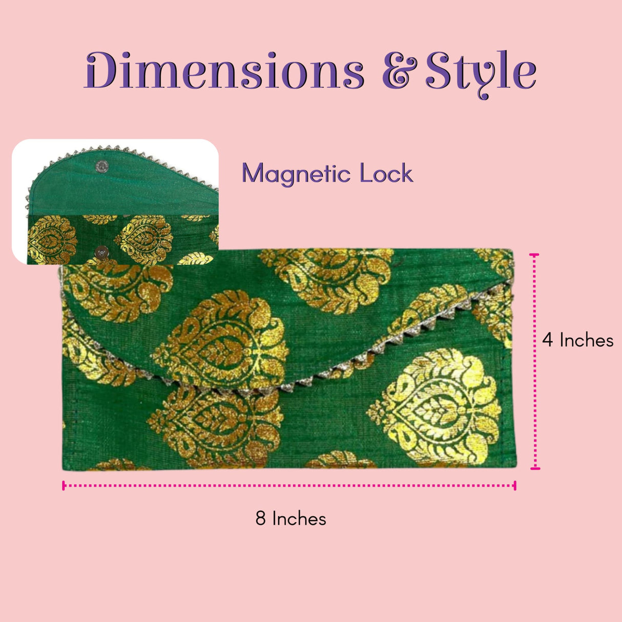 Green clutch money envelope with gold paisley embroidery, silver lace trim