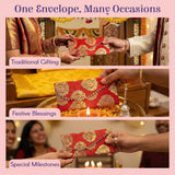 Red brocade money envelope with gold floral embroidery and chain closure