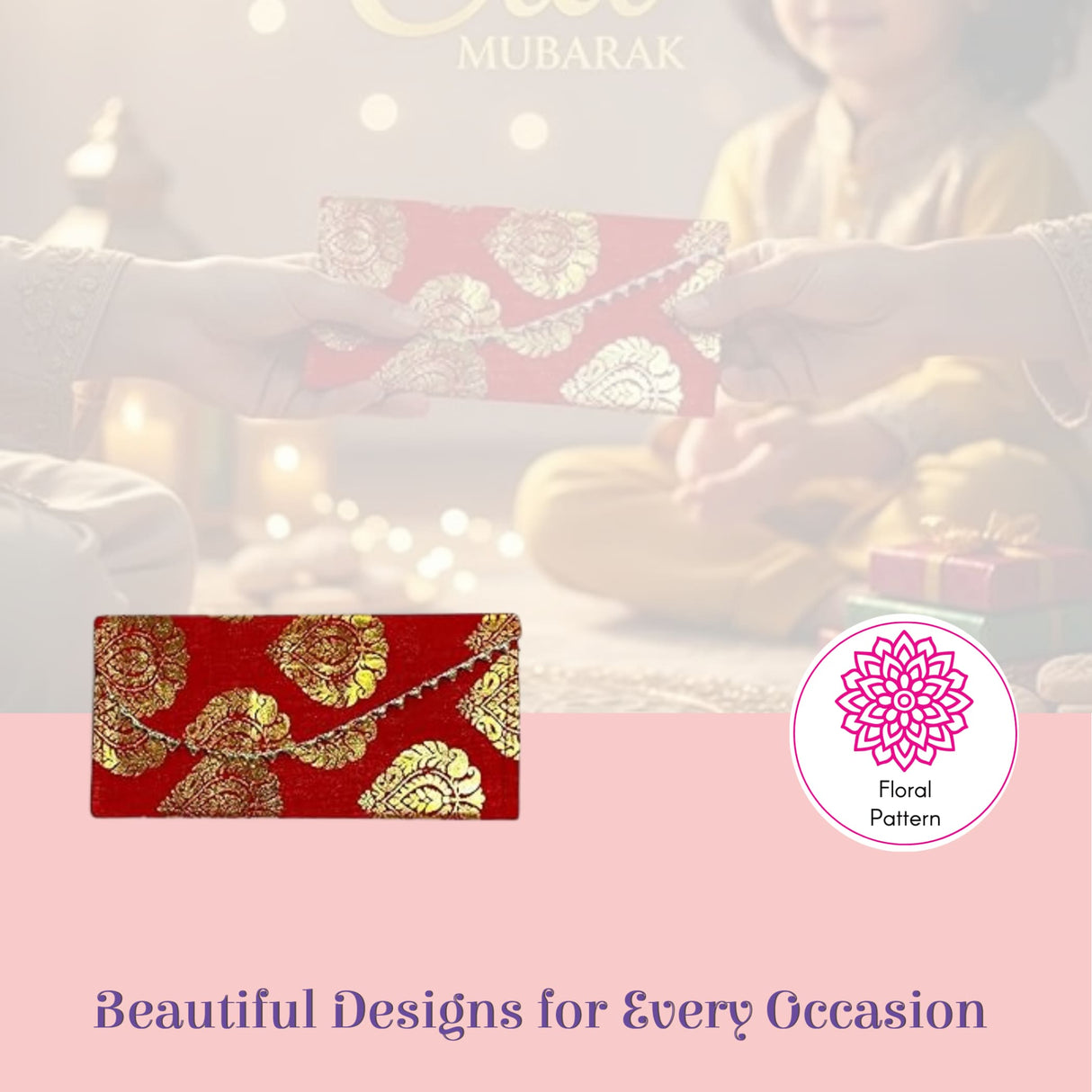 Red clutch purse with gold floral embroidery and brocade chain strap