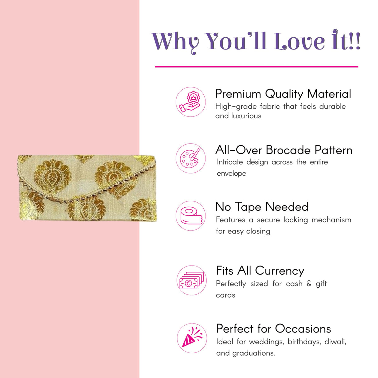 Pack of 5 cream gold brocade magnetic tip money envelopes