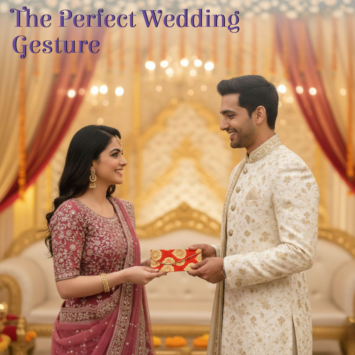 Red gold embroidered brocade money envelope shagun lifafa wedding gift box