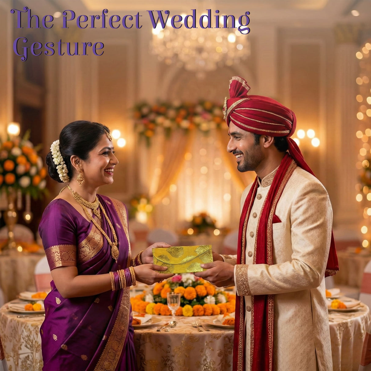 Gold-patterned green brocade money envelope for weddings and Diwali