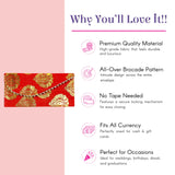 Vibrant red brocade money envelope with gold pattern and beaded strap