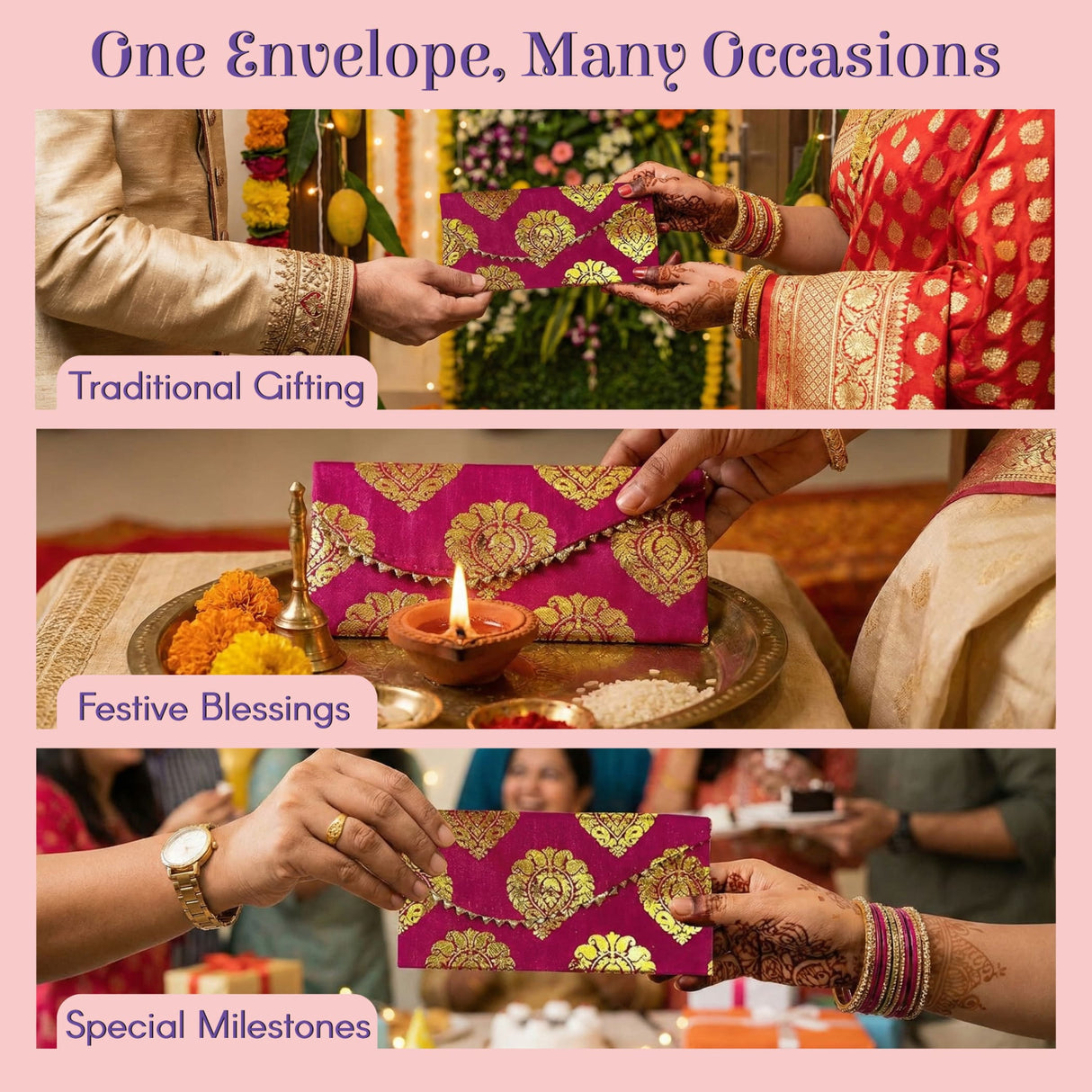 Vibrant magenta brocade money envelope with gold floral embroidery, lace trim