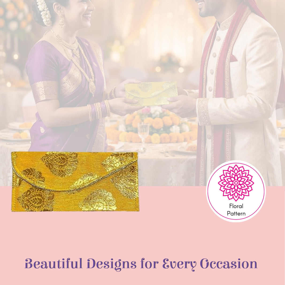 Golden embroidered floral clutch purse, pack of 5 brocade shagun money envelopes