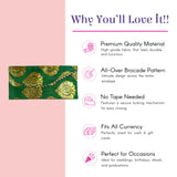 Green brocade fabric money envelope with gold pattern, silver chain, magnetic tip