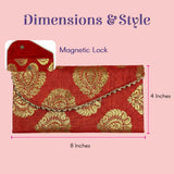 Red brocade clutch purse with gold paisley embroidery scalloped edges