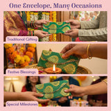 Pack of 5 green gold brocade money envelopes with lace trim