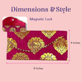 Vibrant magenta brocade money envelope with gold paisley embroidery