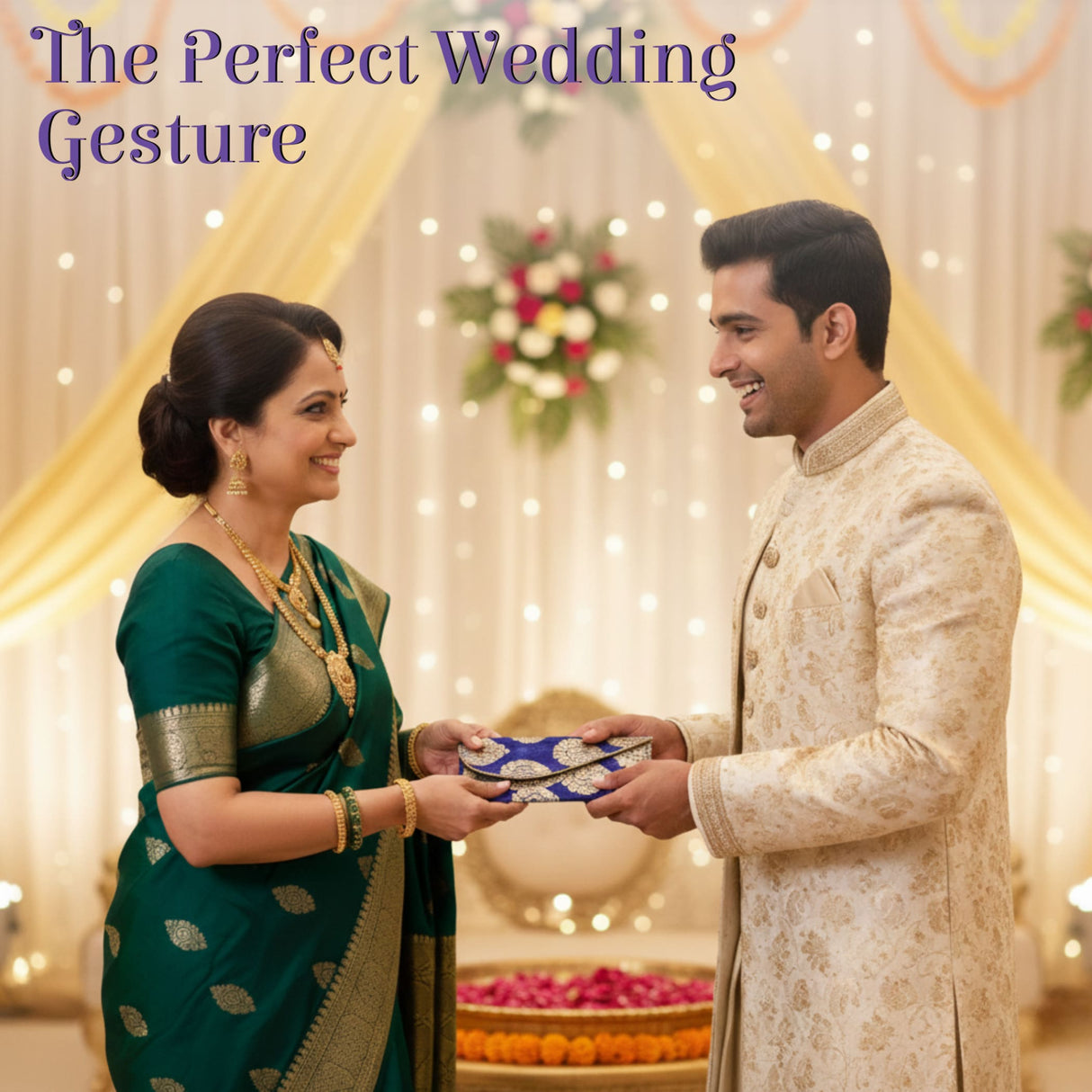 Blue and gold embroidered brocade money envelope shagun lifafa