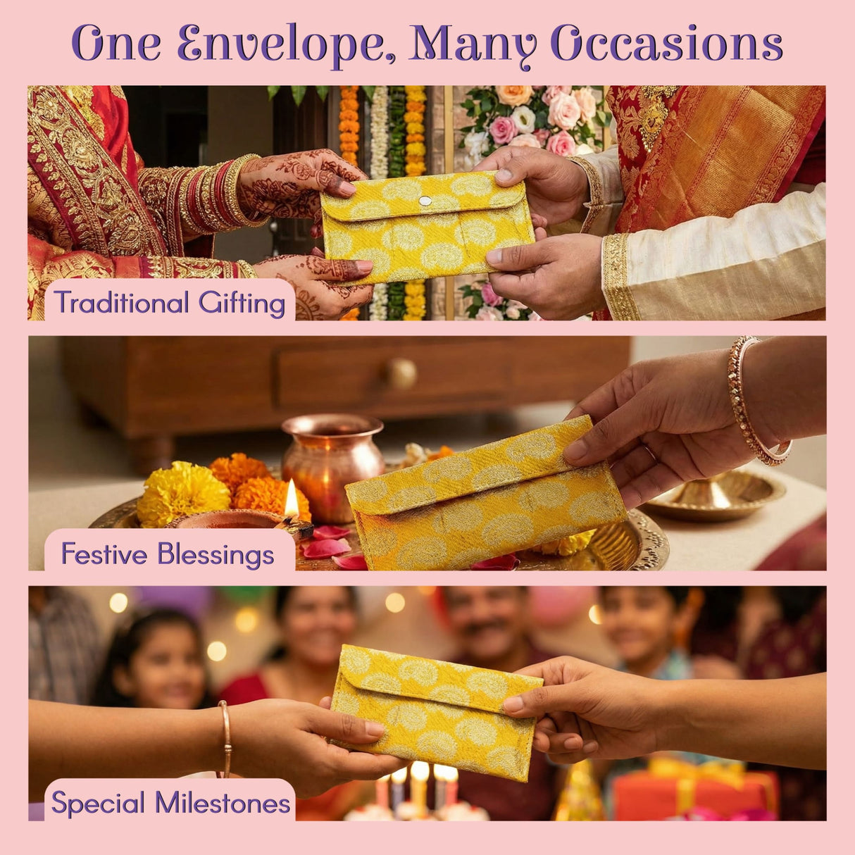 Yellow brocade shagun lifafa envelope with gold gotta patterns for Diwali gifts