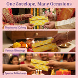 Yellow brocade shagun lifafa envelope with gold gotta patterns for Diwali gifts