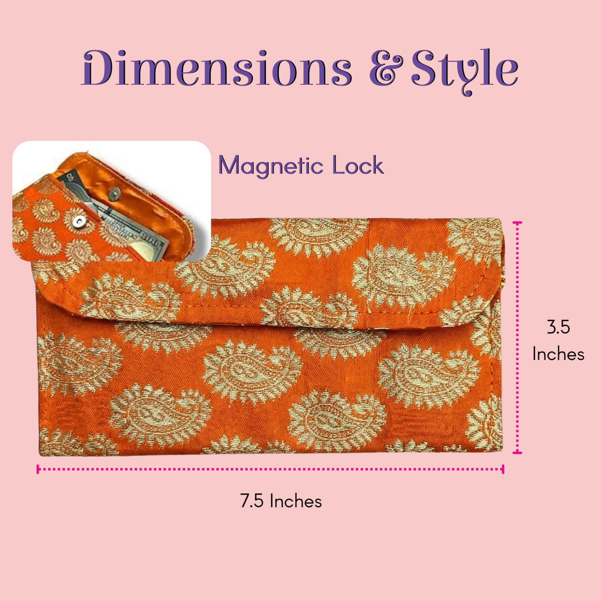 Vibrant orange brocade money envelope with gold paisley embroidery