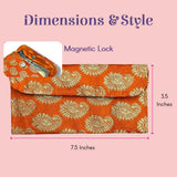Vibrant orange brocade money envelope with gold paisley embroidery