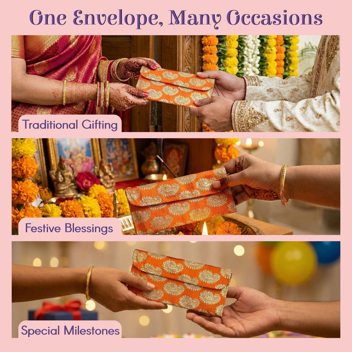 Orange brocade envelope with gold paisley, magnetic tip shagun lifafa