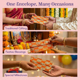 Orange brocade envelope with gold paisley, magnetic tip shagun lifafa