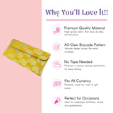 Vibrant yellow brocade fabric money envelope with gold motifs, magnetic tip
