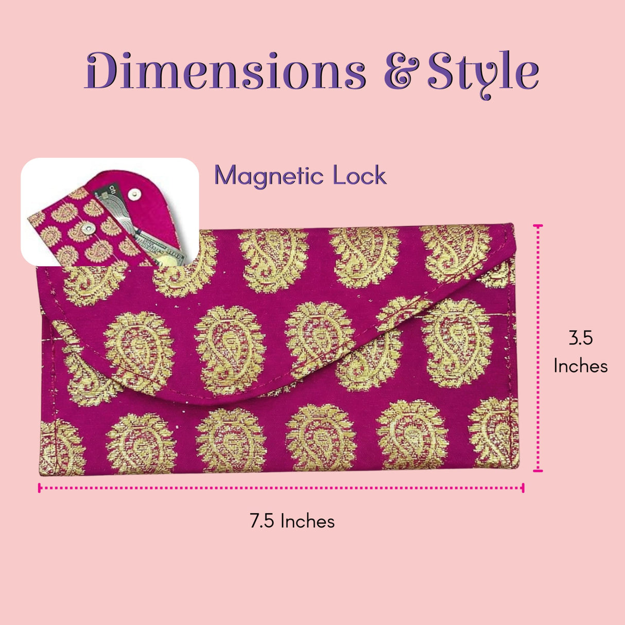 Vibrant magenta brocade clutch with gold paisley embroidery, magnetic closure