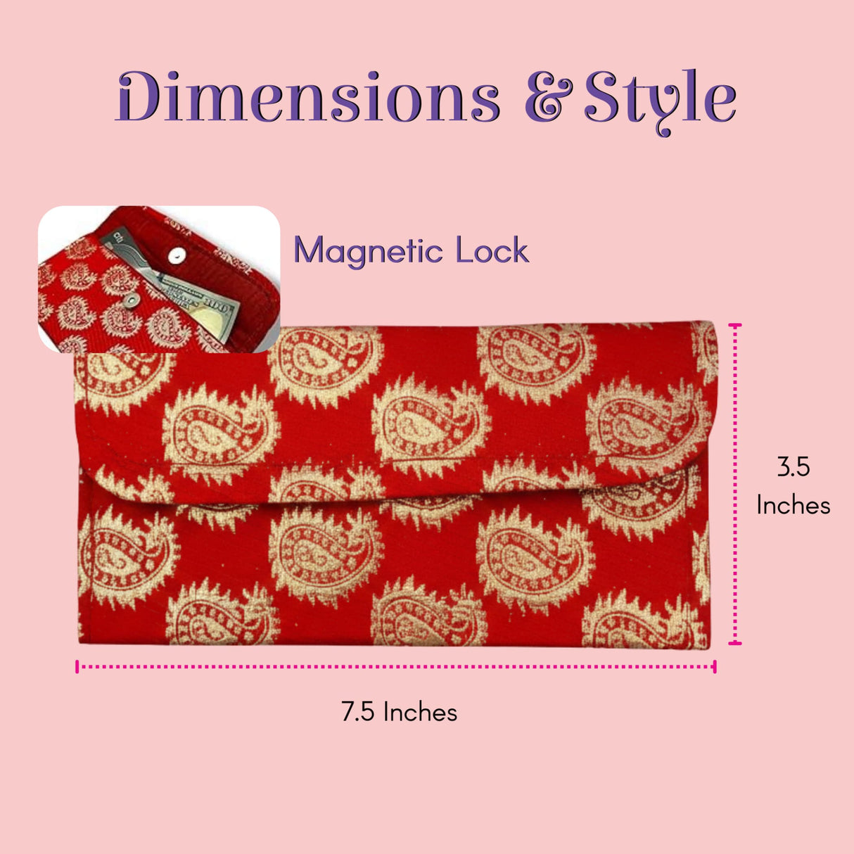 Red clutch wallet with gold paisley brocade, magnetic lock, pack of 5 shagun envelopes