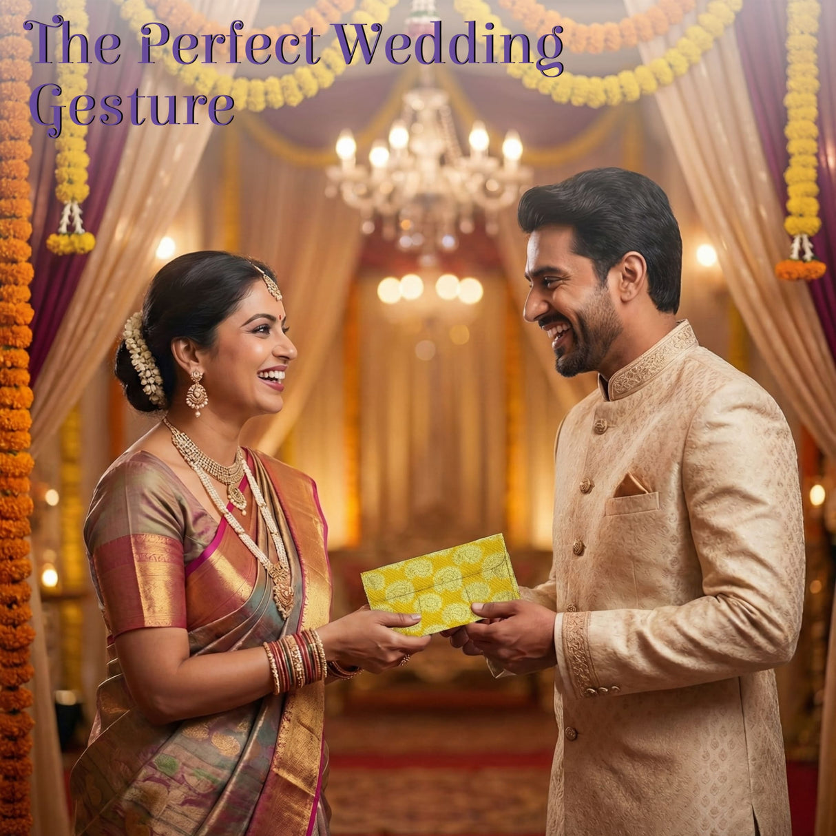 Yellow patterned brocade fabric money envelope for shagun gifts