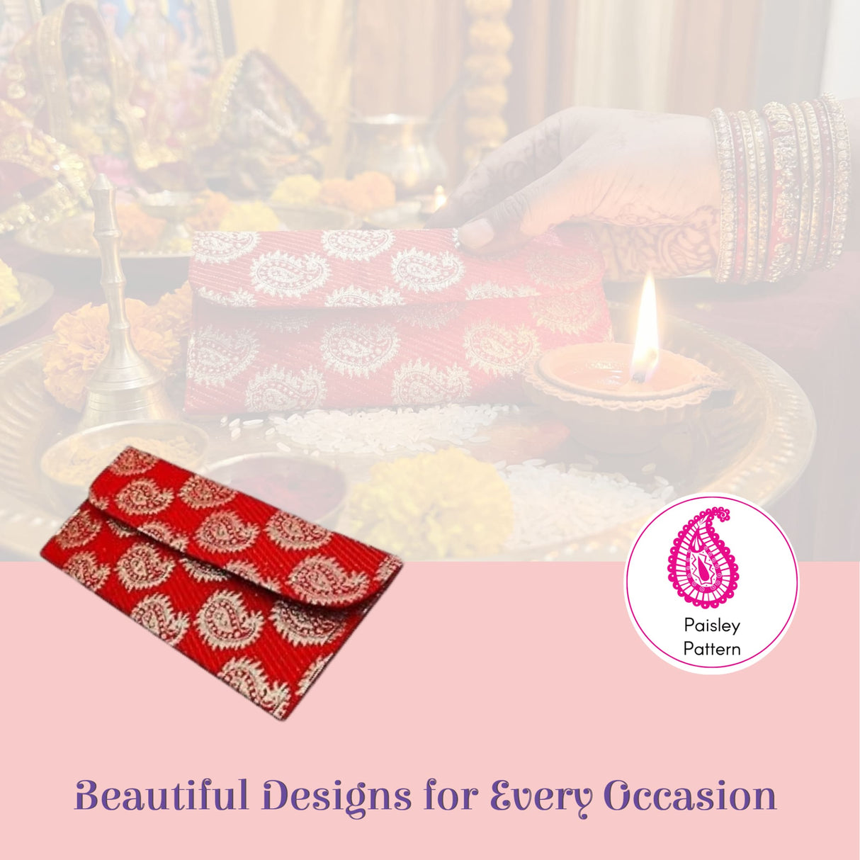 Red paisley brocade fabric money envelope with magnetic tip