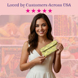 Vibrant lime green brocade shagun envelope with silver paisley pattern