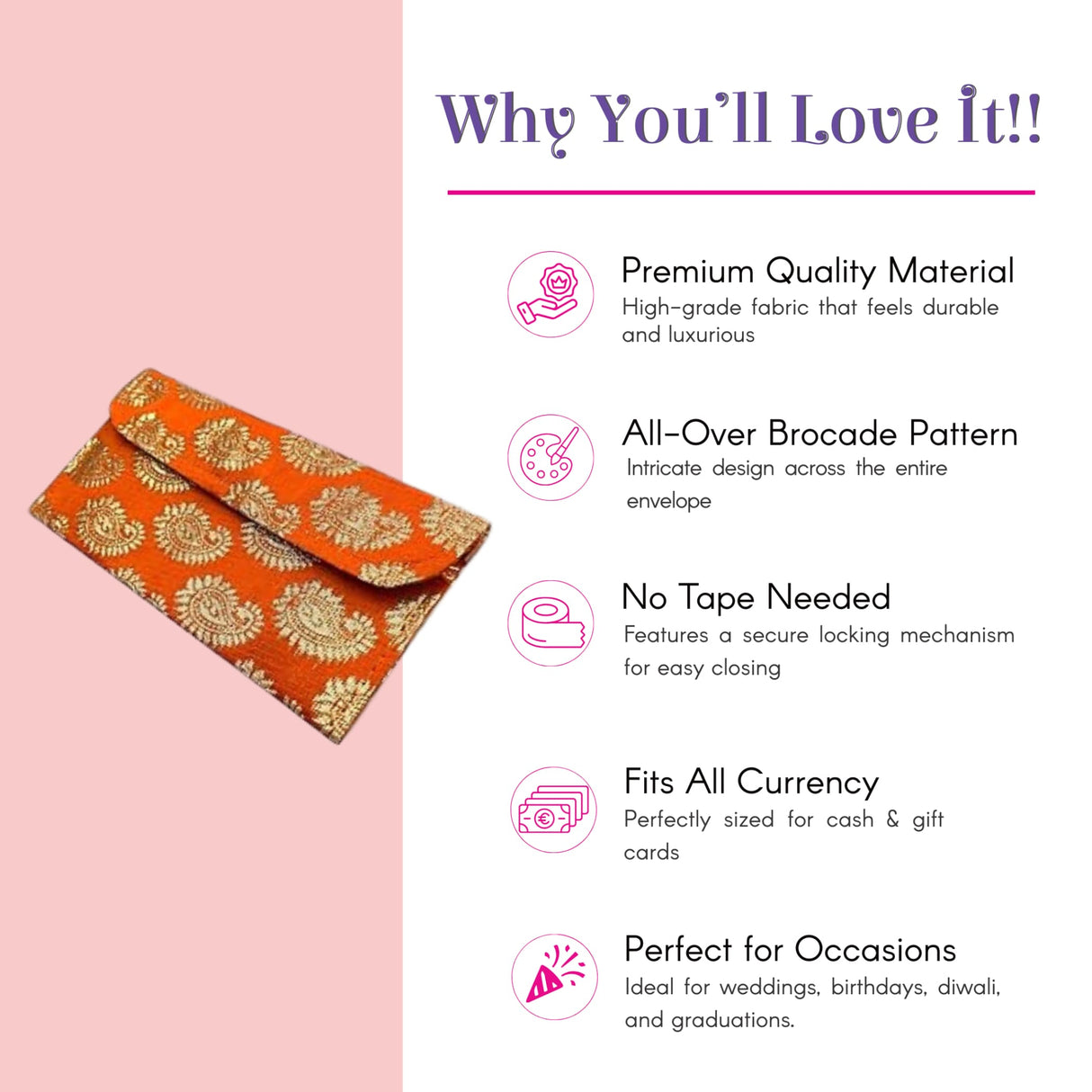 Orange brocade paisley envelope, premium fabric magnetic tip shagun lifafa
