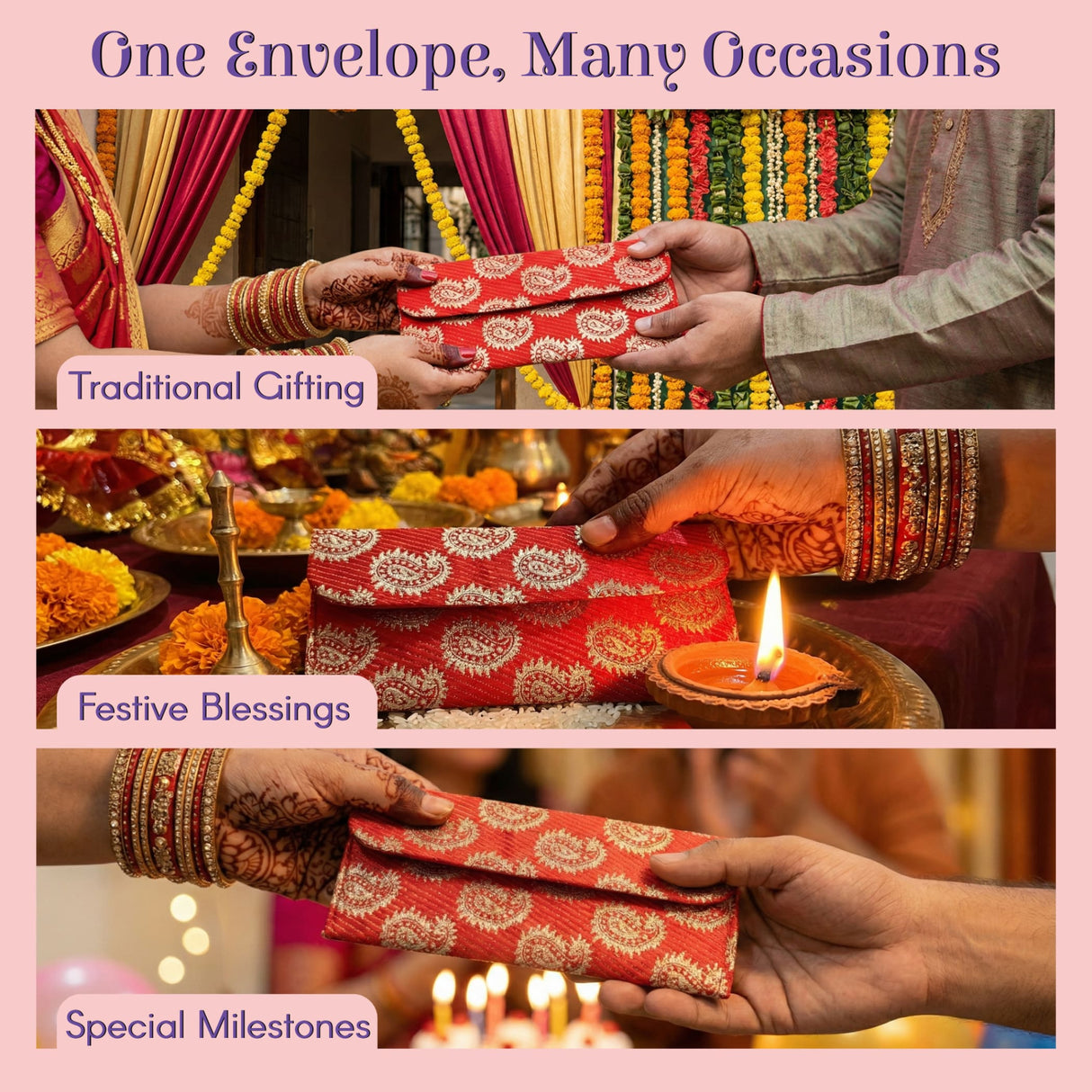 Red gold paisley brocade fabric money envelope for shagun gifts