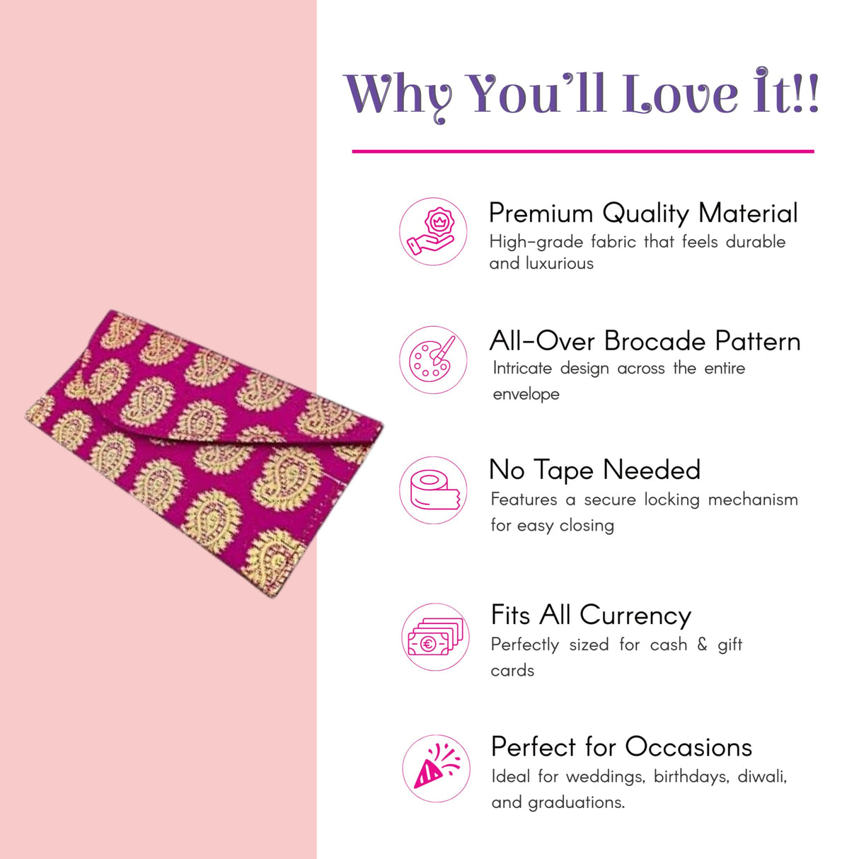 Vibrant magenta money brocade paisley envelope, pack of 5 for Diwali gifts