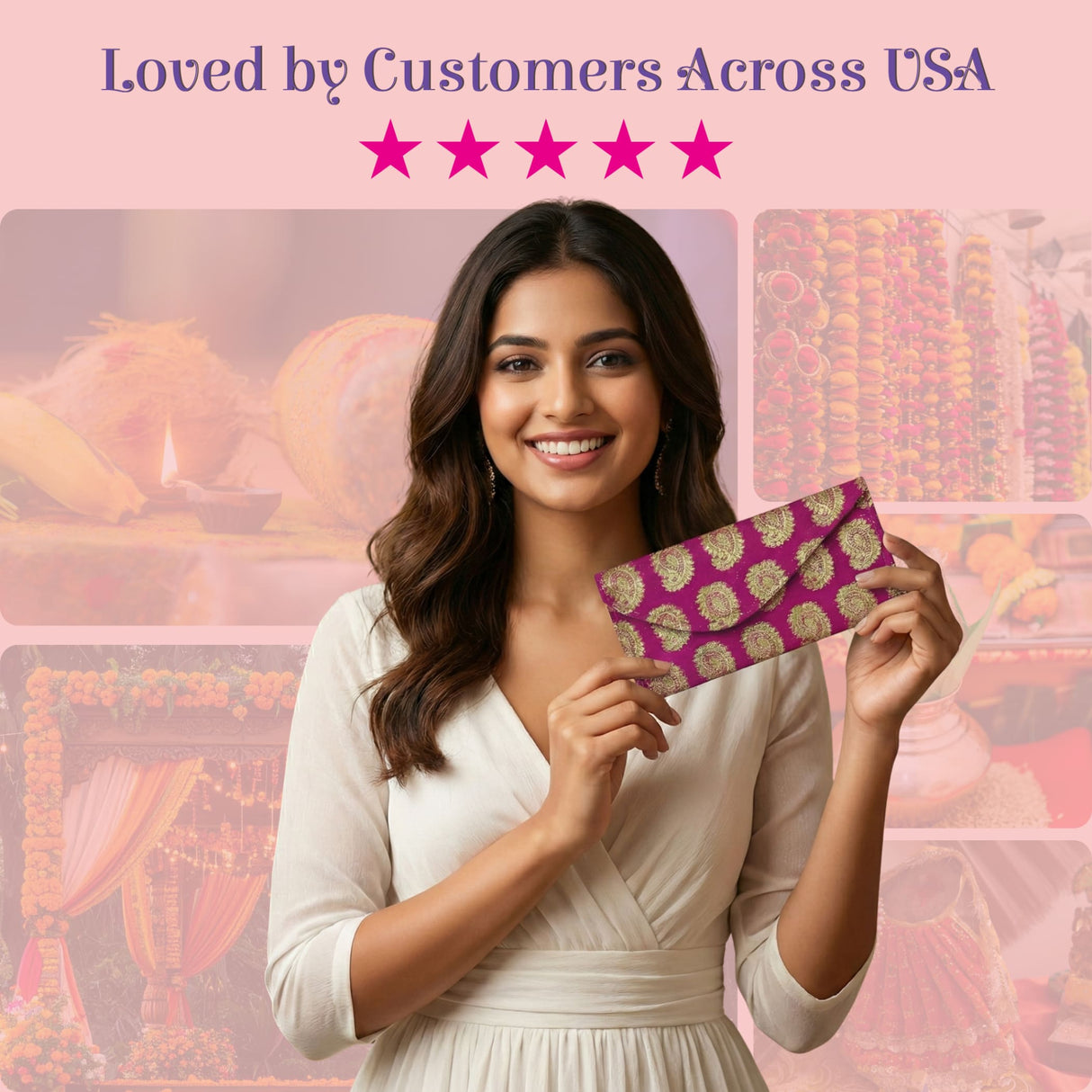 Smiling woman holds vibrant magenta gold paisley brocade money envelope