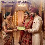 Vibrant green brocade shagun envelope exchanged as wedding gift