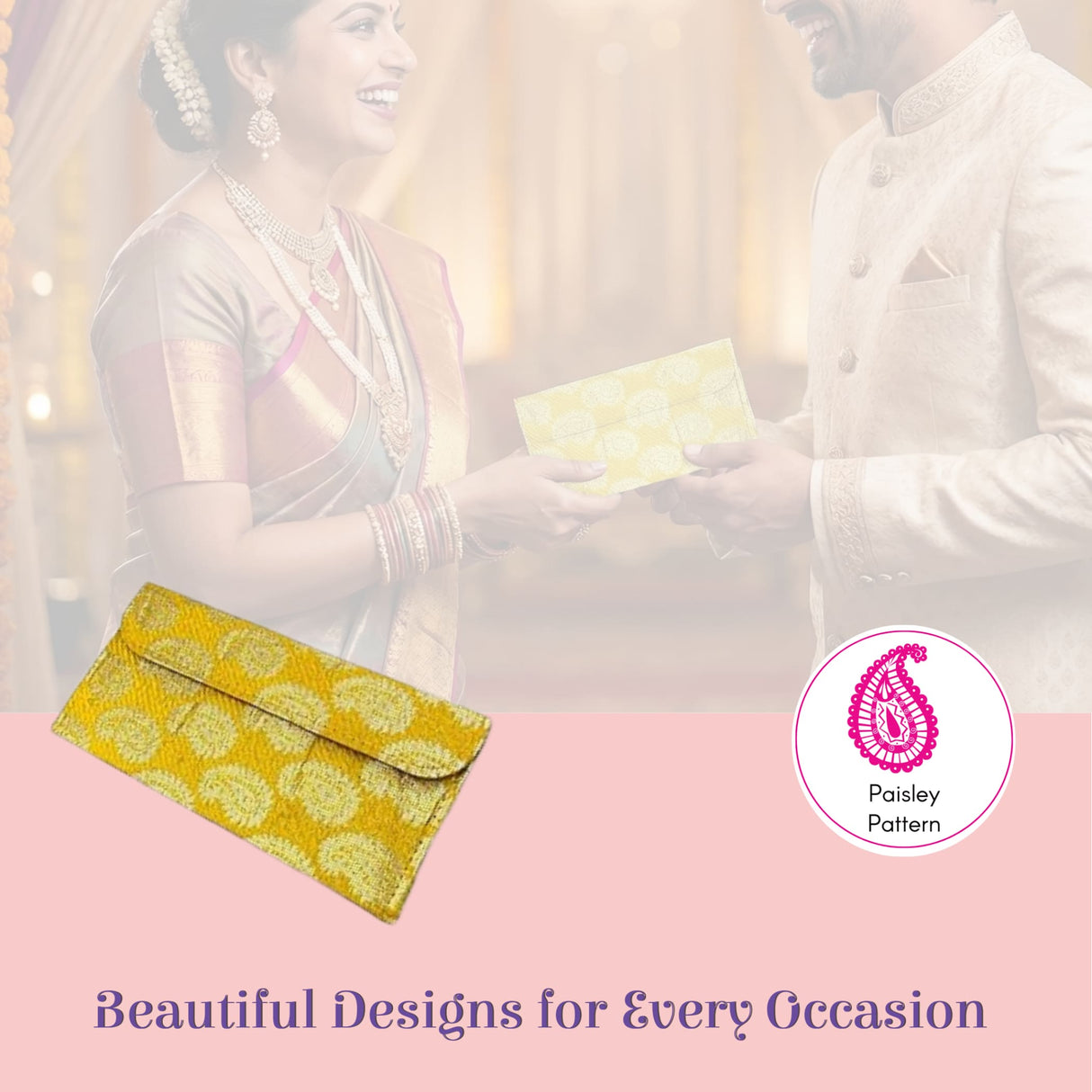Vibrant yellow brocade fabric envelope with gold paisley pattern, pack of 5 shagun lifafa