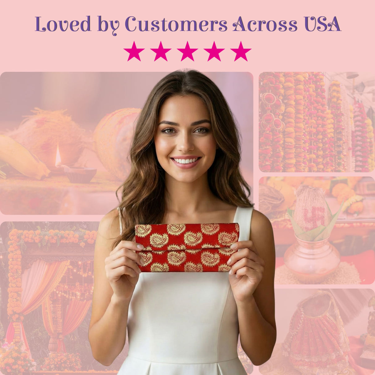 Red clutch with gold paisley embroidery, brocade money envelope