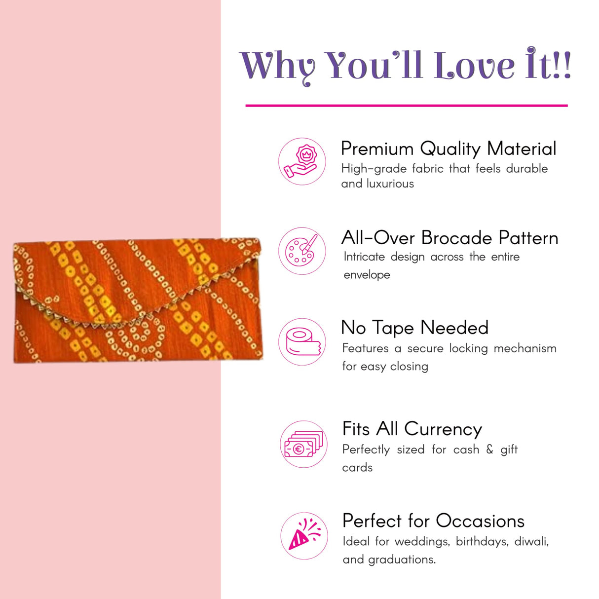 Orange brocade clutch with gold chain strap and bandhani shagun envelope design