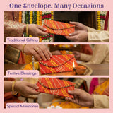 Vibrant bandhani orange-yellow fabric money envelope with lace trim