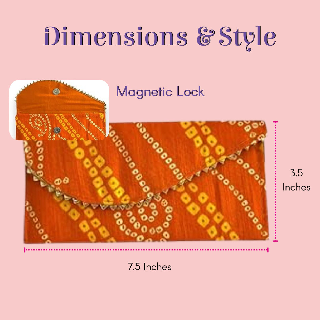 Orange clutch with yellow geometric patterns and magnetic lock, Bandhani money envelope