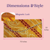 Vibrant yellow red Bandhani fabric money envelope clutch magnetic closure