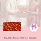 Red bandhani clutch money envelope with gold accents